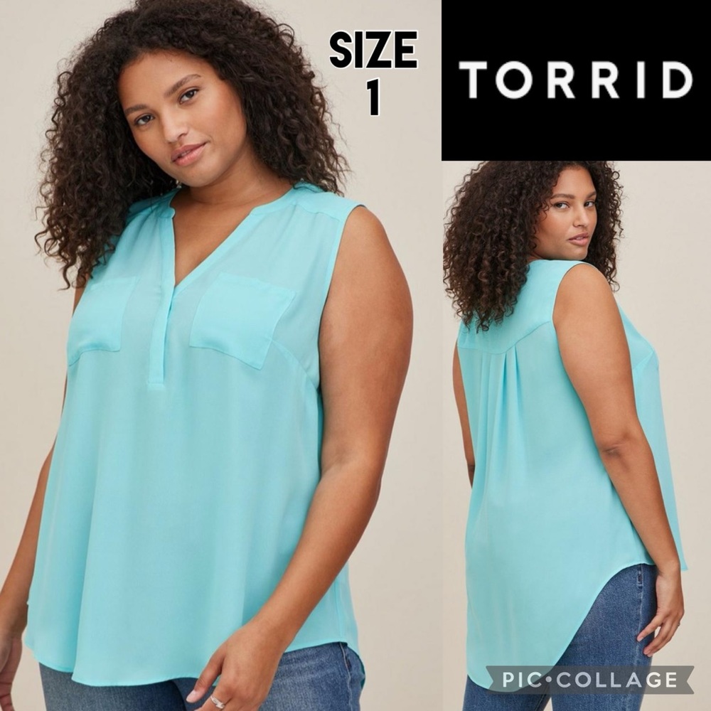Torrid Womens Blouse Harper Georgette Sleeveless Bright Blue Collarless Tank 1X - Picture 1 of 16
